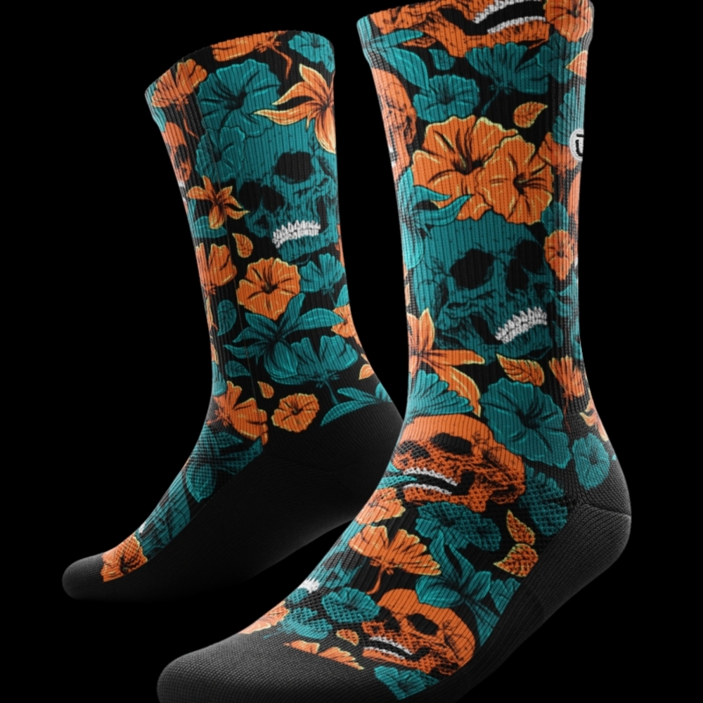NWT - OUTWAY - Floral Skull Pattern Performance Socks - Teal and Orange
